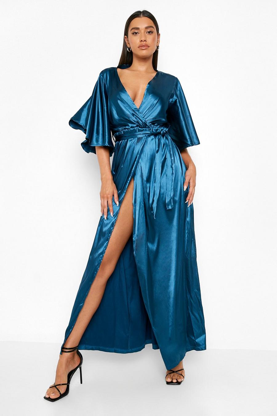 Blue Satin Side Split Flared Sleeve Maxi Dress image number 1