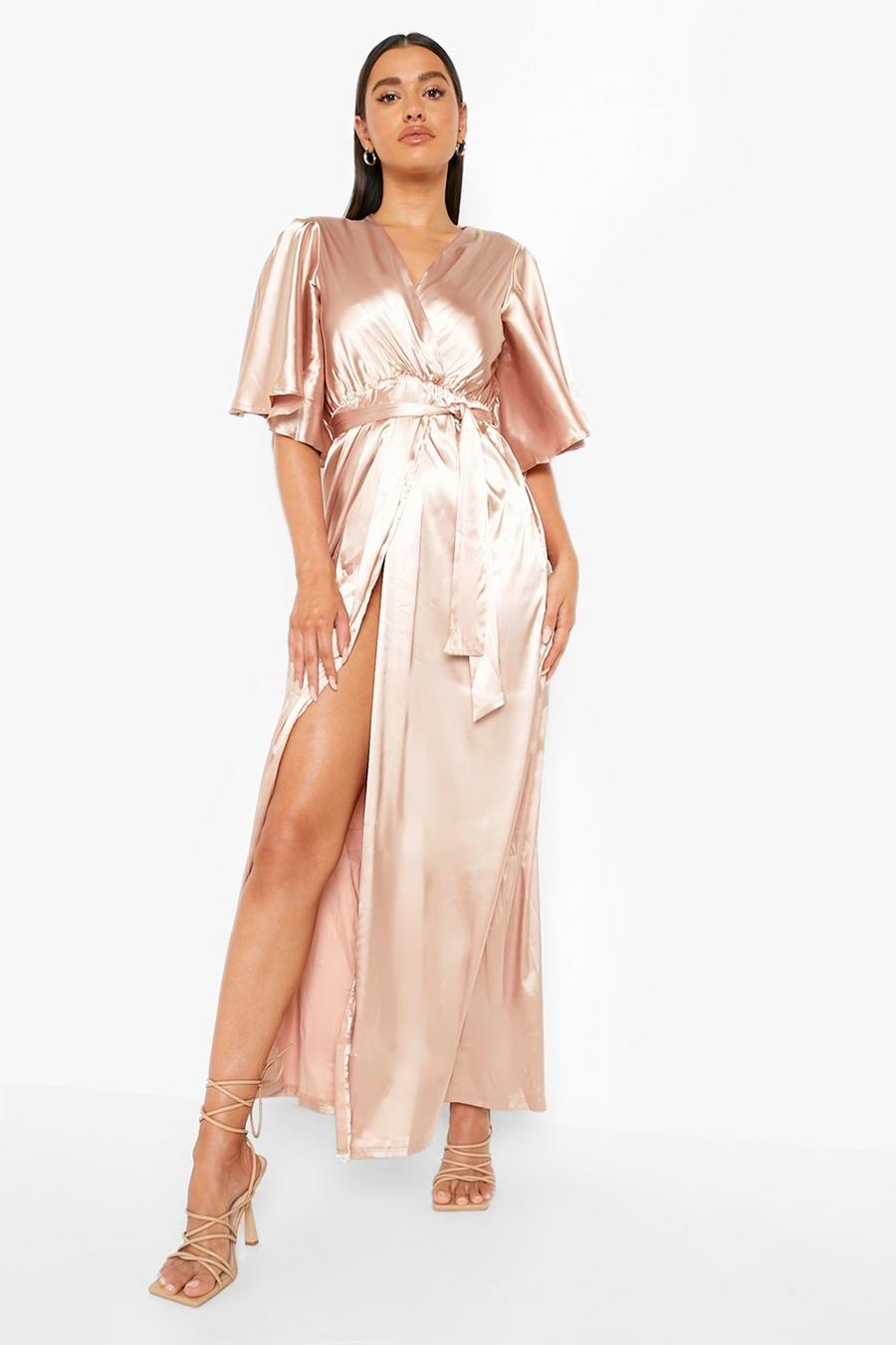 Champagne Satin Side Split Flared Sleeve Maxi Dress image number 1