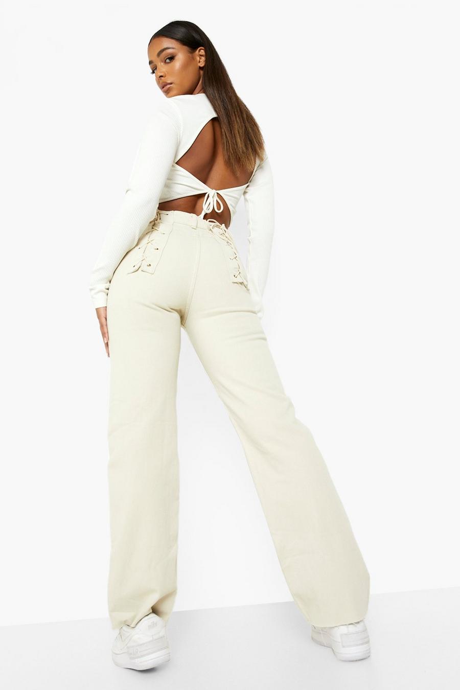 Cream Lace Up Boyfriend Jeans image number 1