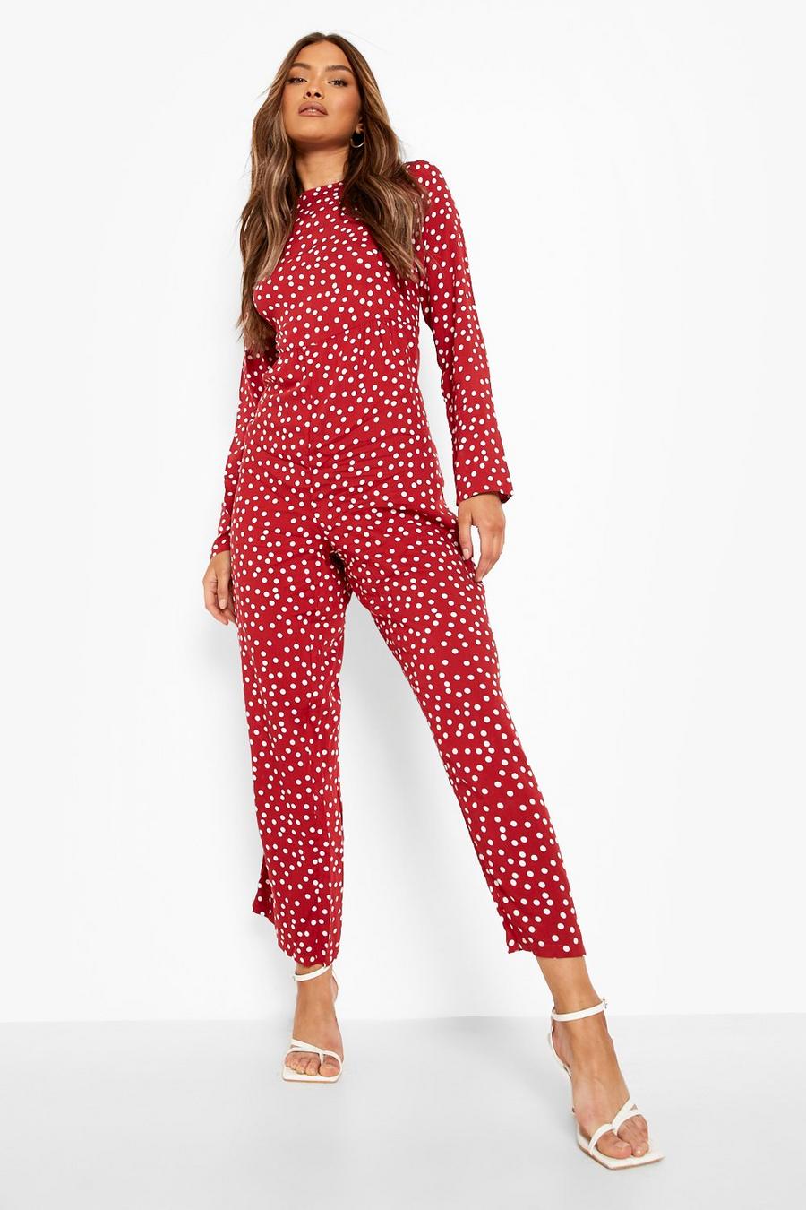 Berry Polka Dot Long Sleeve Smock Jumpsuit image number 1