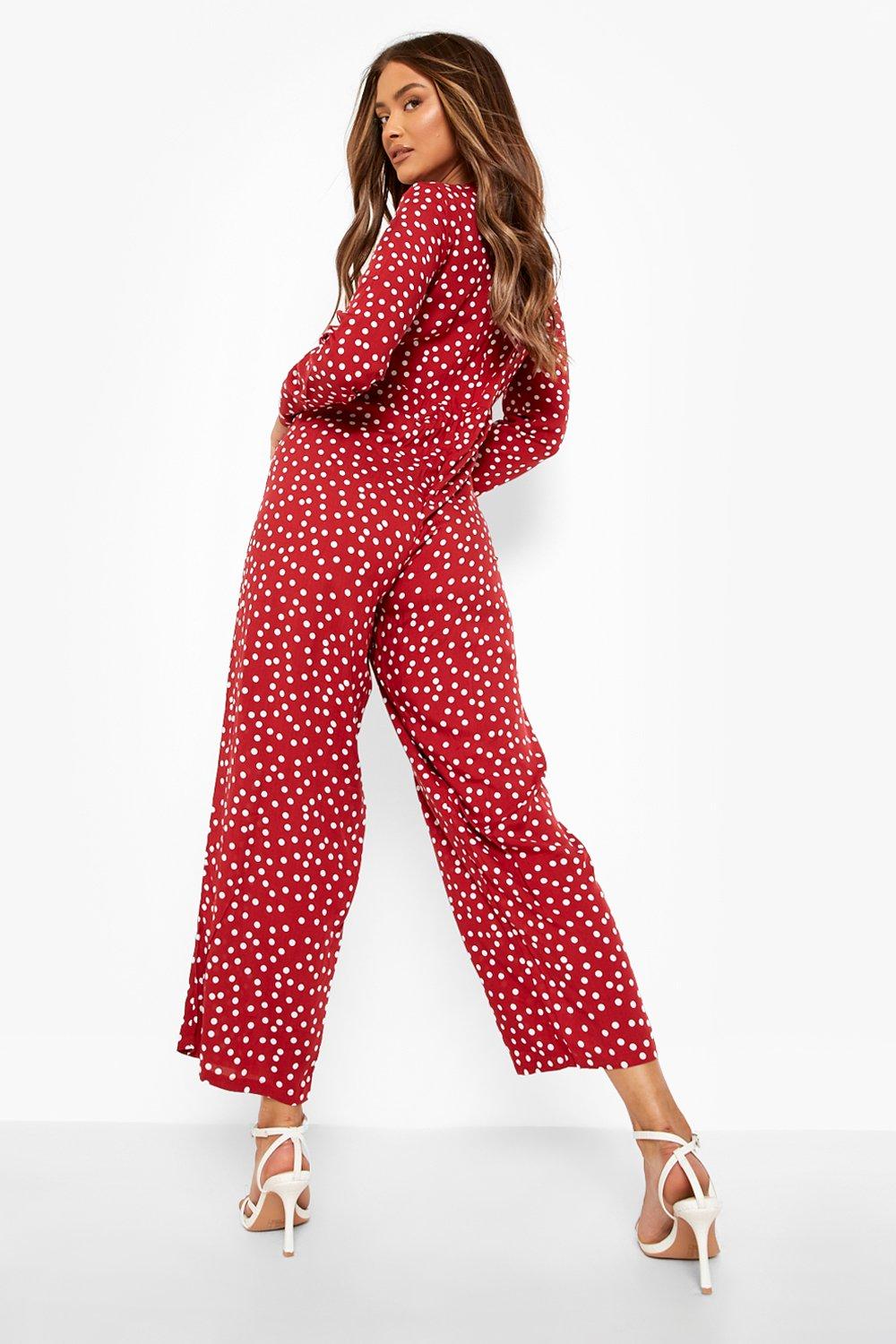 Polka Dot Long Sleeve Smock Jumpsuit boohoo NO