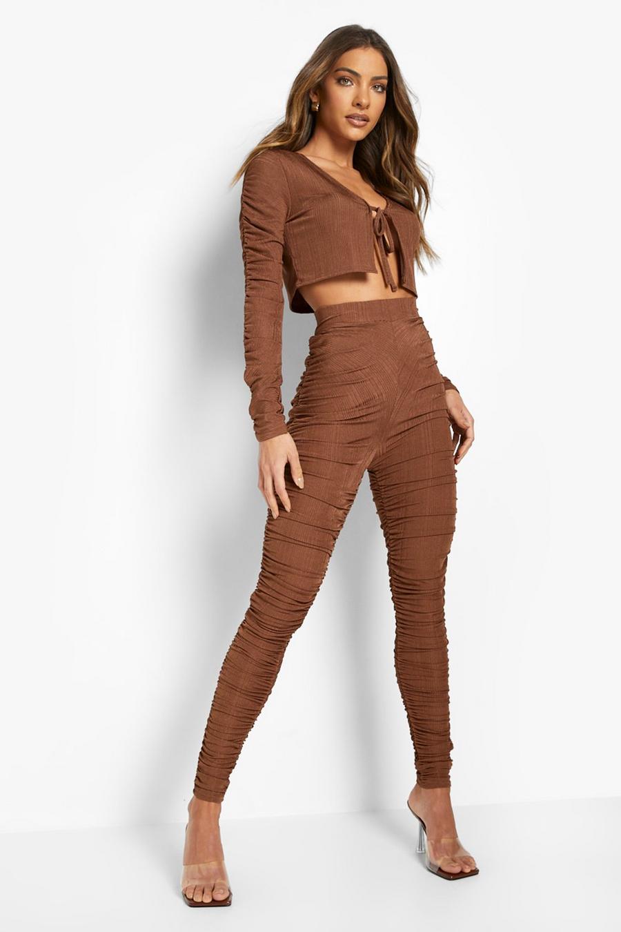 Chocolate Ribbed Ruched Leggings image number 1
