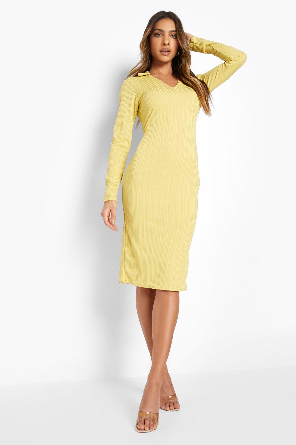 Mustard ribbed hot sale midi dress