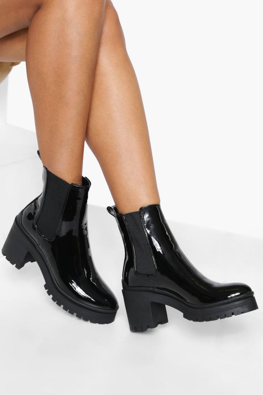Block Heel Patent Chelsea Boot | Boohoo UK