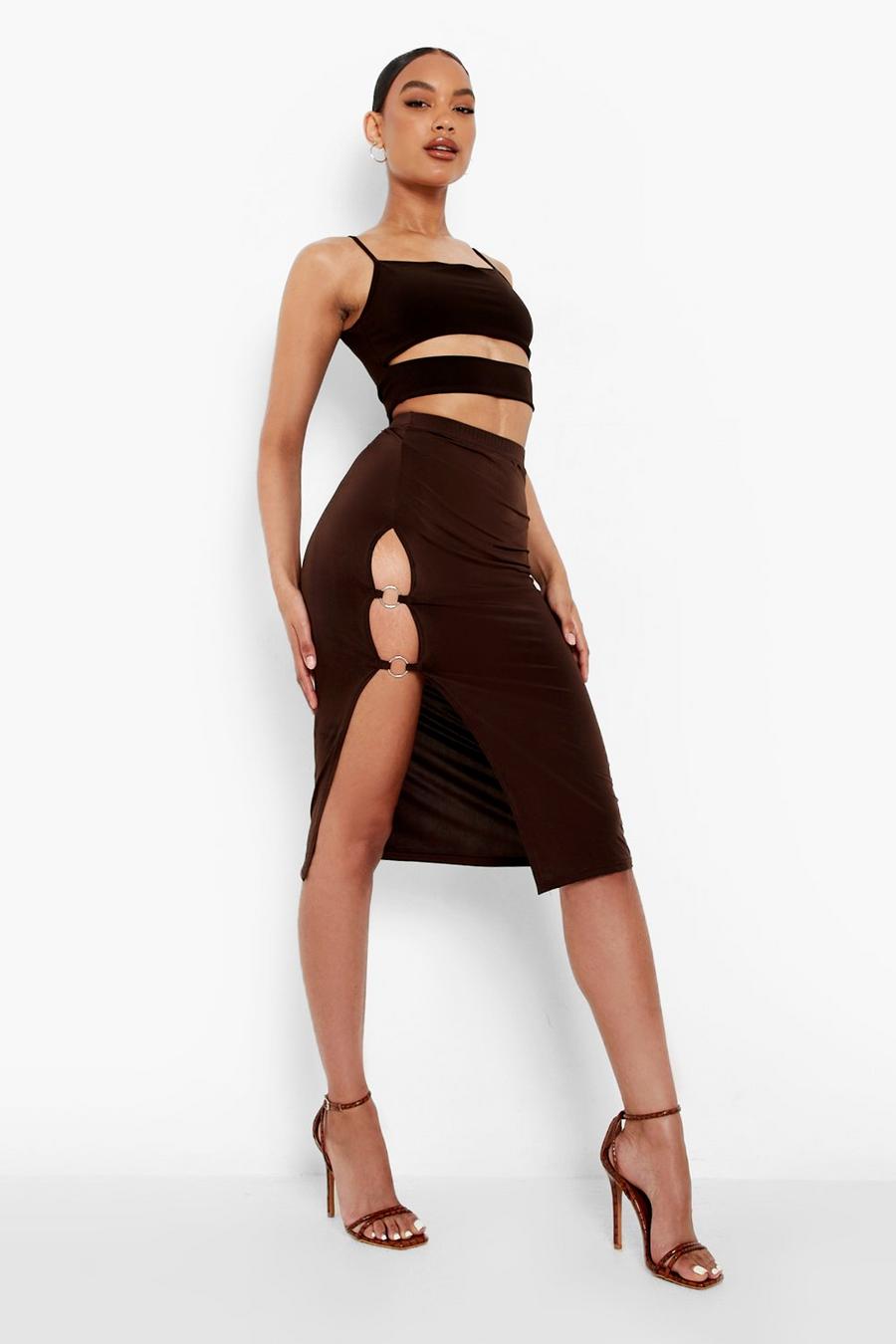 Choc brown Split Front Ring Detail Slinky Midi Skirt image number 1