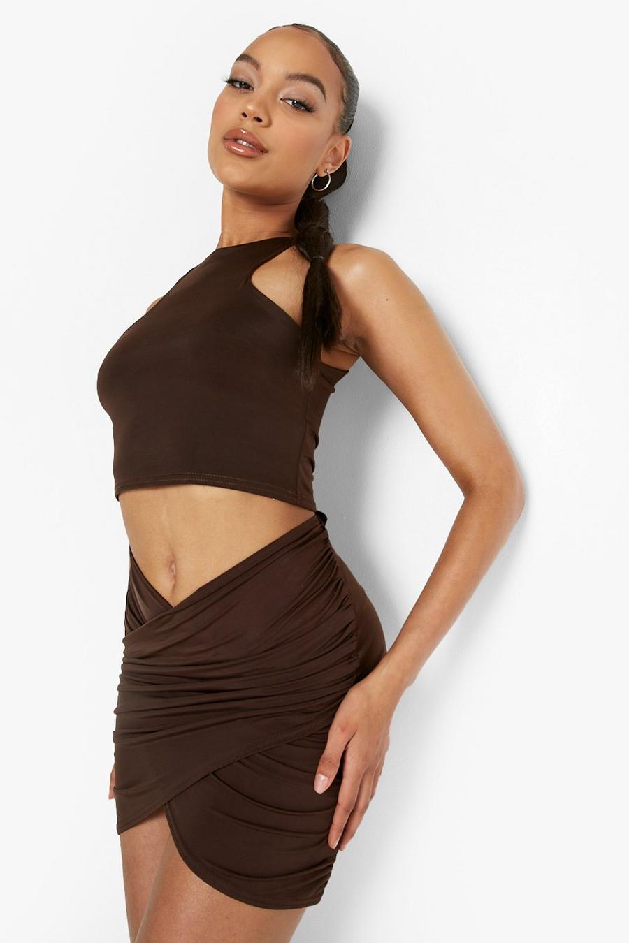 Chocolate Slinky Wrap Front Detail Mini Skirt image number 1