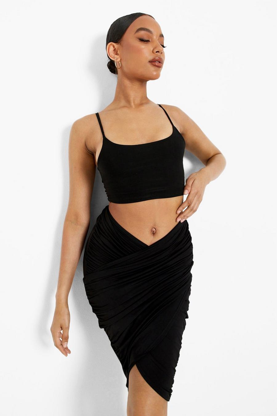 Black Slinky Wrap Front Detail Midi Skirt