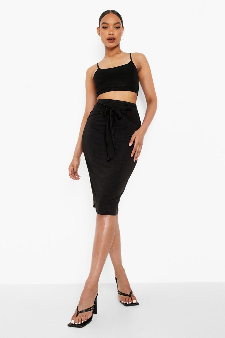 Black Tie Front Slinky Midi Skirt image number 1