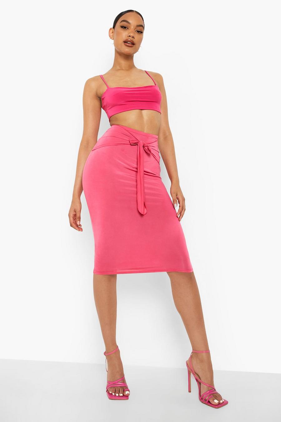 Bright pink Tie Front Slinky Midi Skirt image number 1