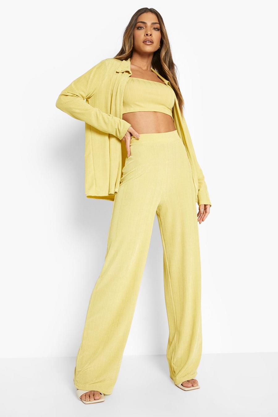Mustard Recycled Ribbed Wide Leg Pants image number 1