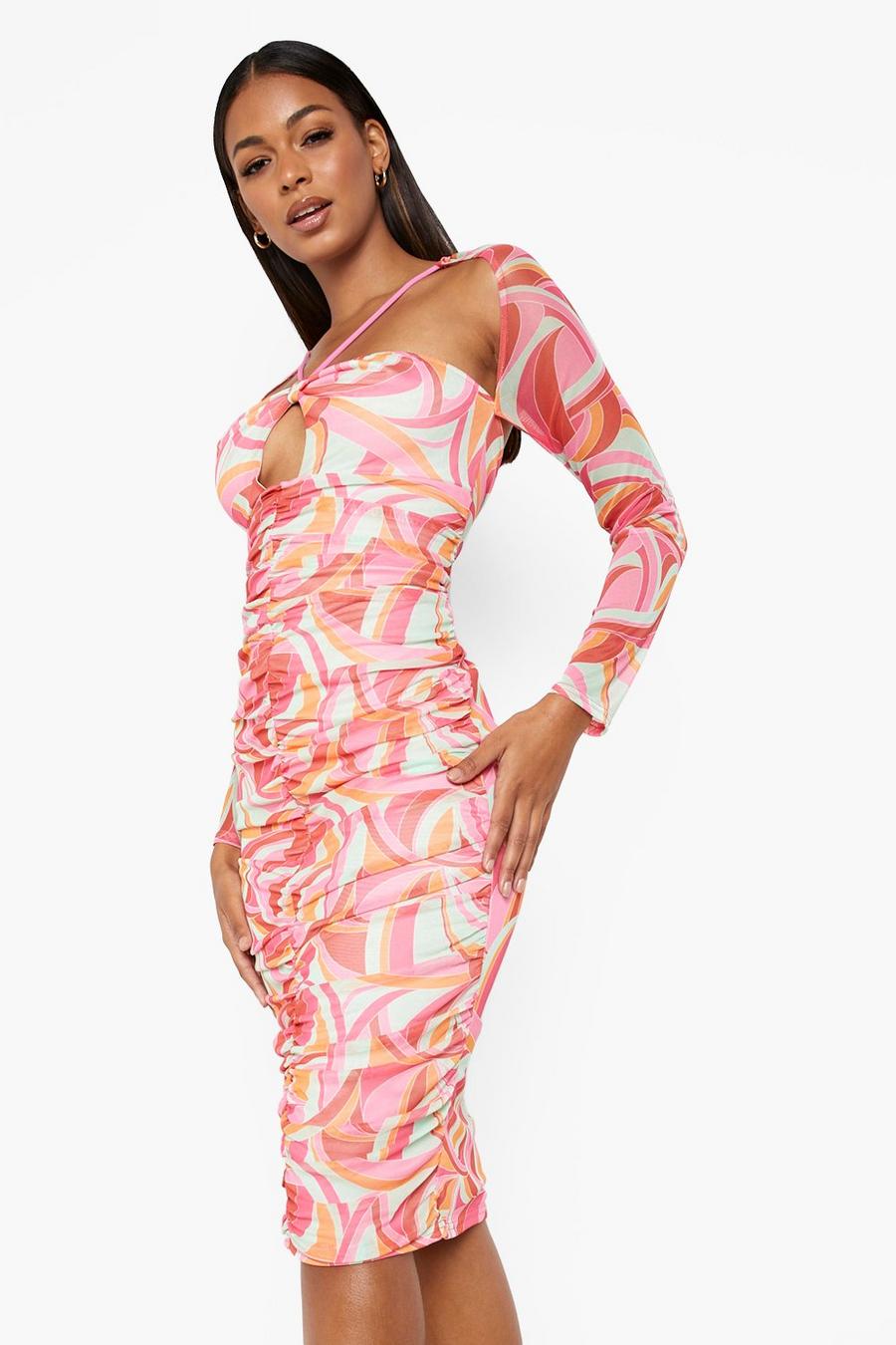 Pink 70's Print Mesh Strappy Cut Out Midi Dress image number 1