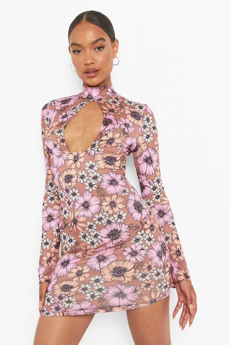 Tan Slinky 70's Floral Print Cut Out Mini Dress image number 1