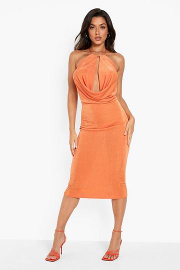 Orange Acetate Slinky Plunge Halterneck Midi Dress