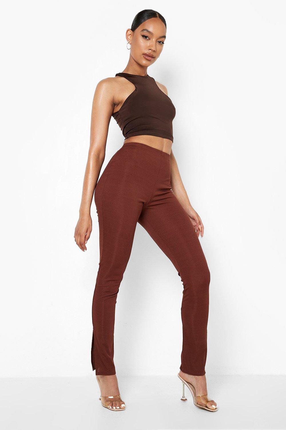 Dark Chocolate Split Hem Flared Trousers, Womens Trousers