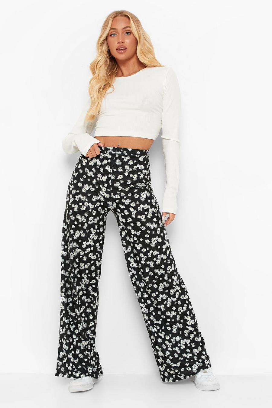 Black Jersey Daisy Print Wide Leg Trouser image number 1