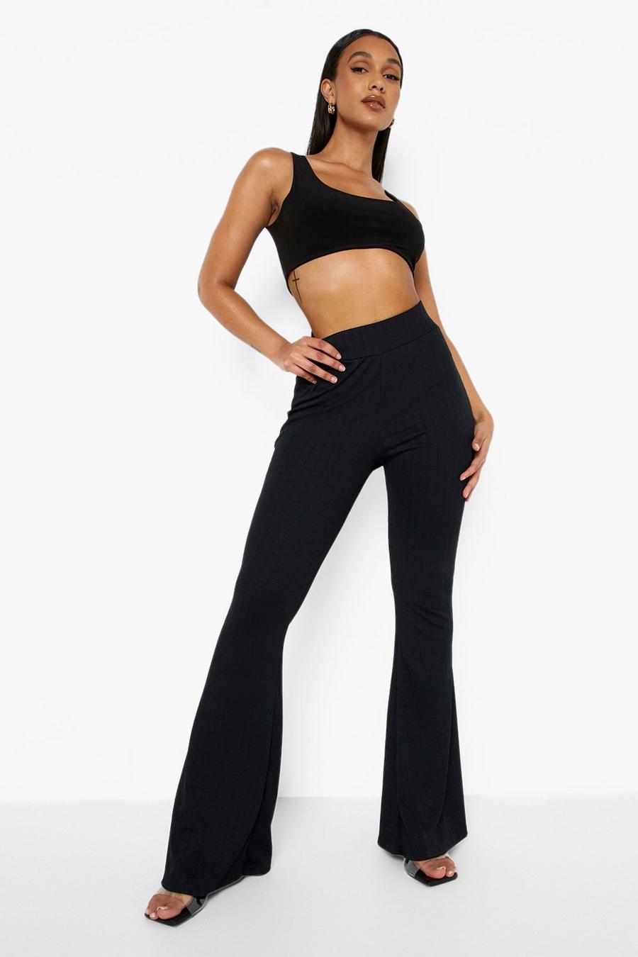Black Textured Rib Flare Trousers image number 1