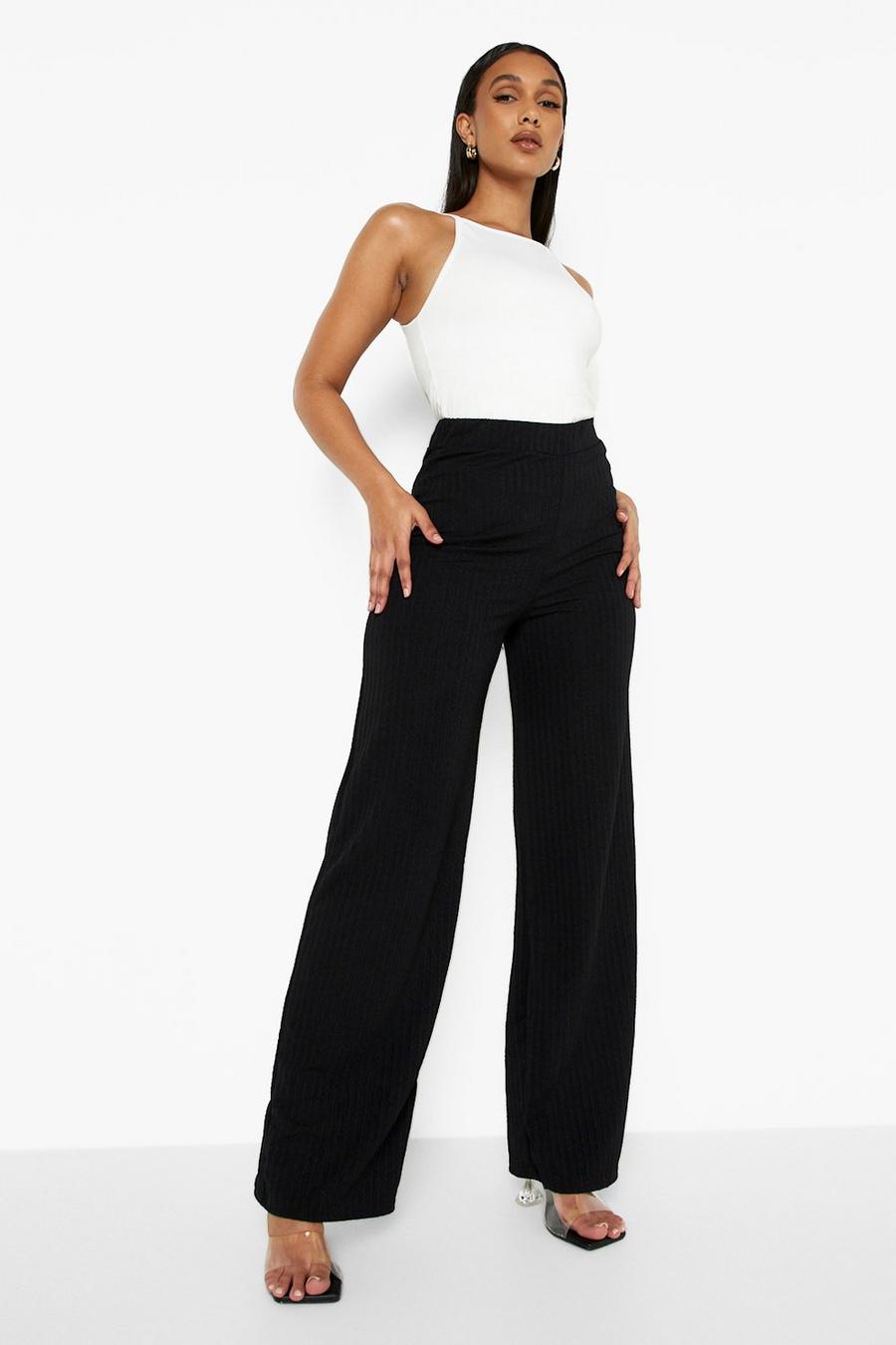 Black Pointelle Rib Wide Leg Trousers image number 1