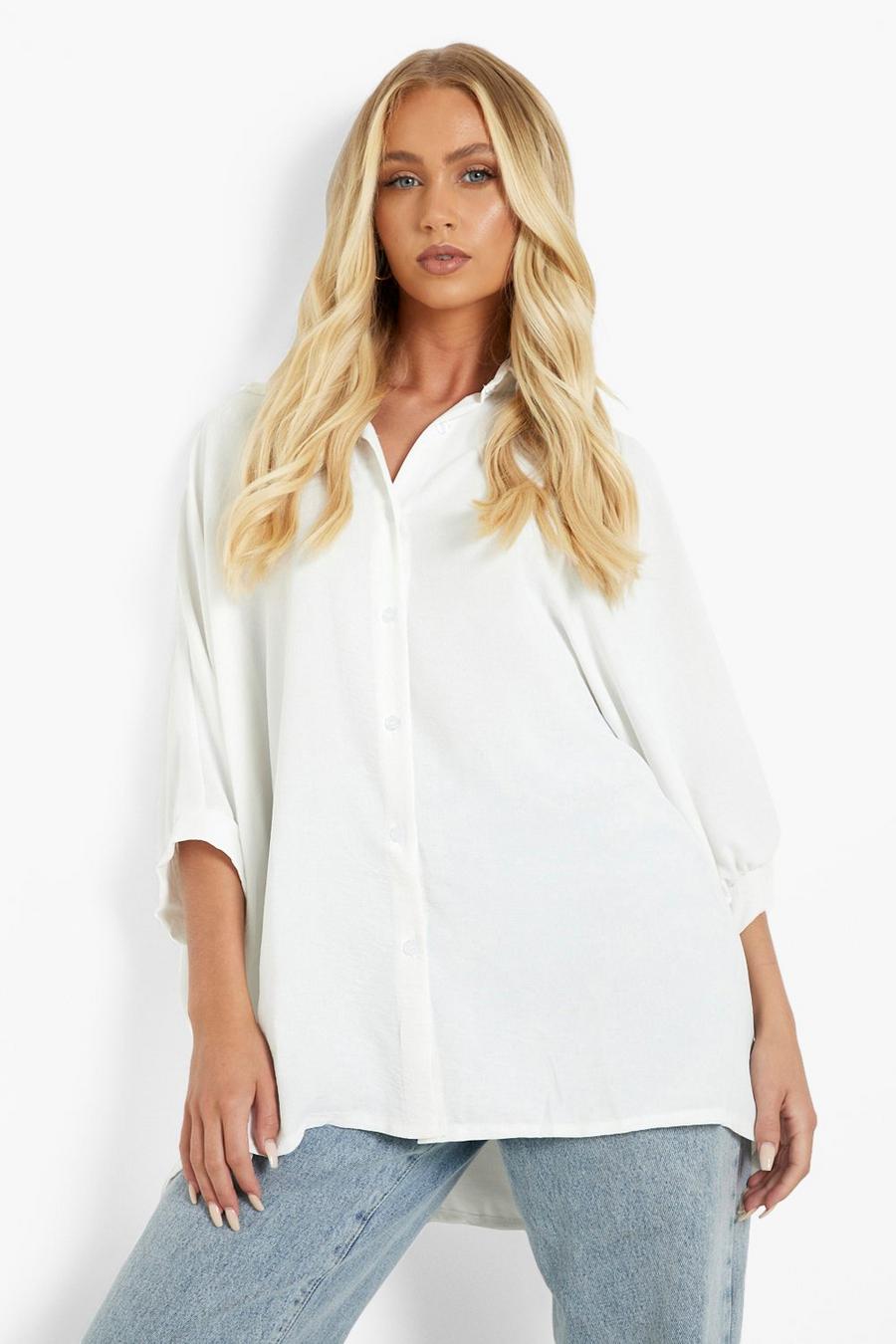 White Oversized Textured Puff Sleeve Shirt image number 1