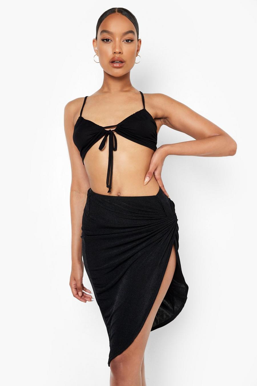 Black Textured Slinky Knot Detail Midi Skirt image number 1