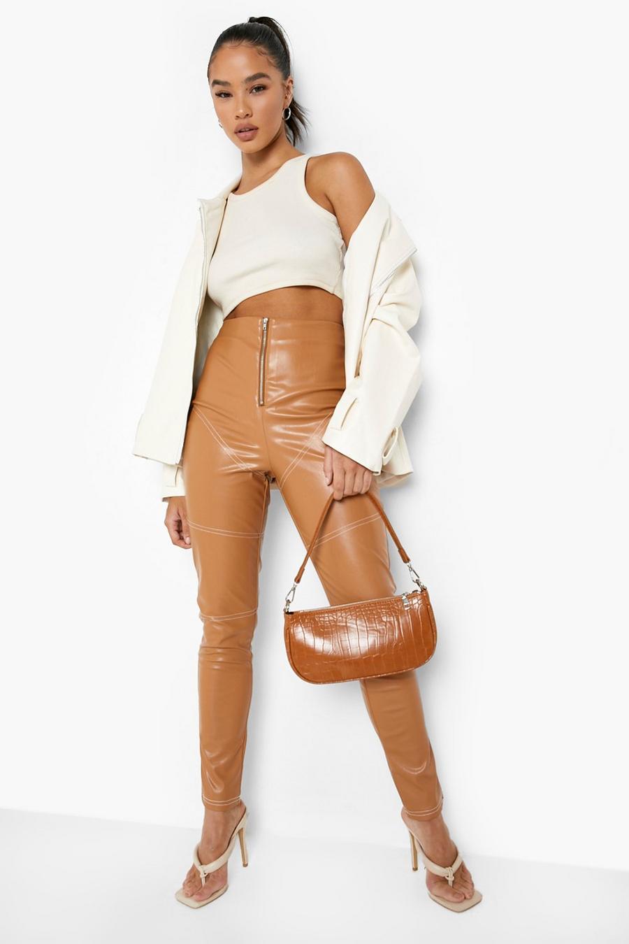 Brown marrón Stitch Detail Leather Look Pu Skinny Trouser