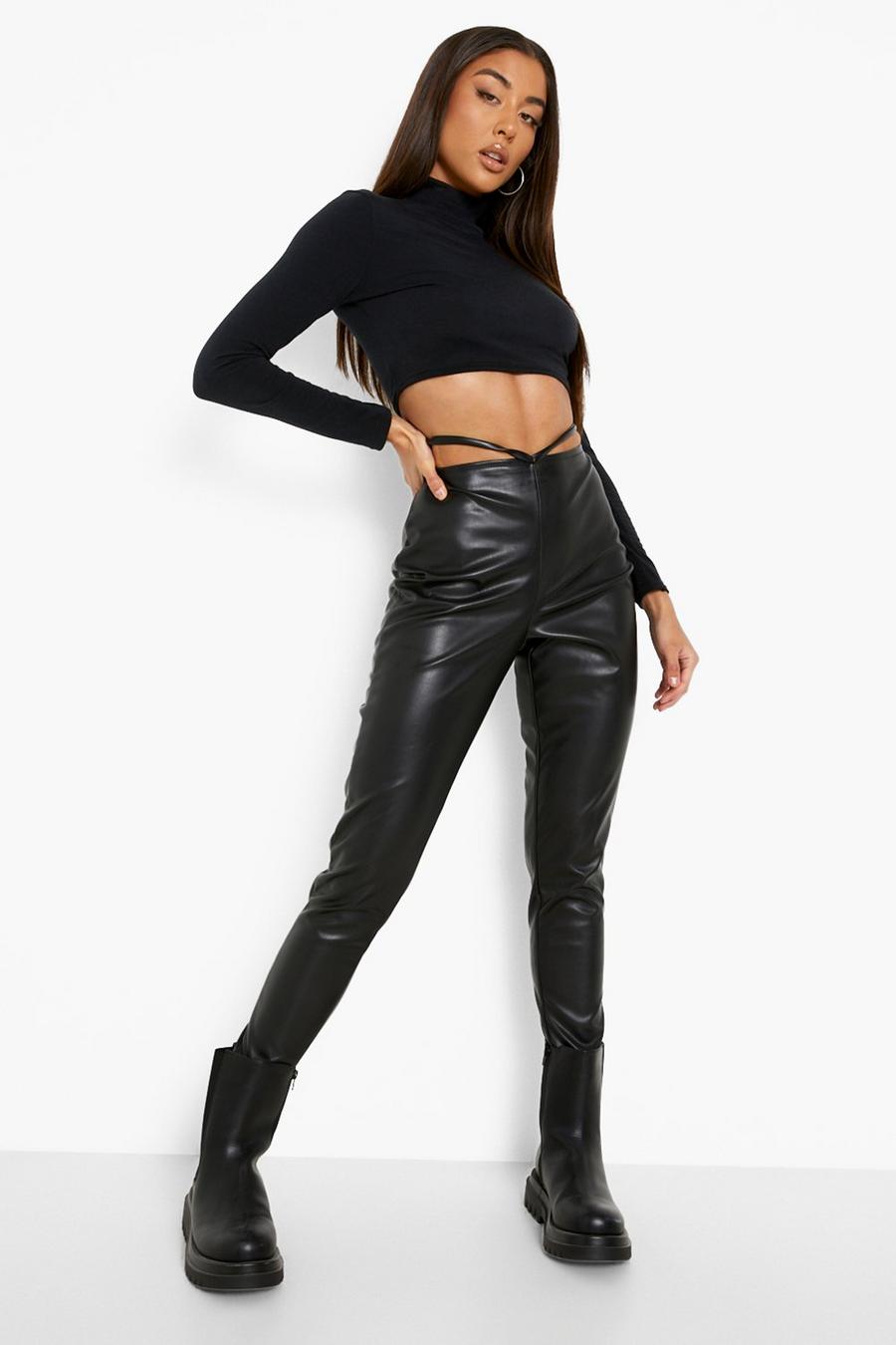 Black Strappy High Waisted Faux Leather Skinny Pants image number 1