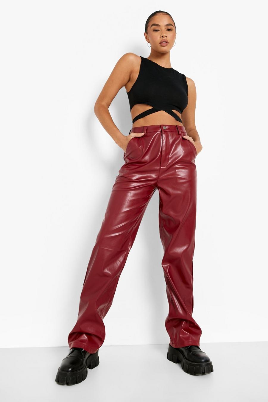 Pantalón de pernera recta y cuero sintético efecto cuero, Berry rosso