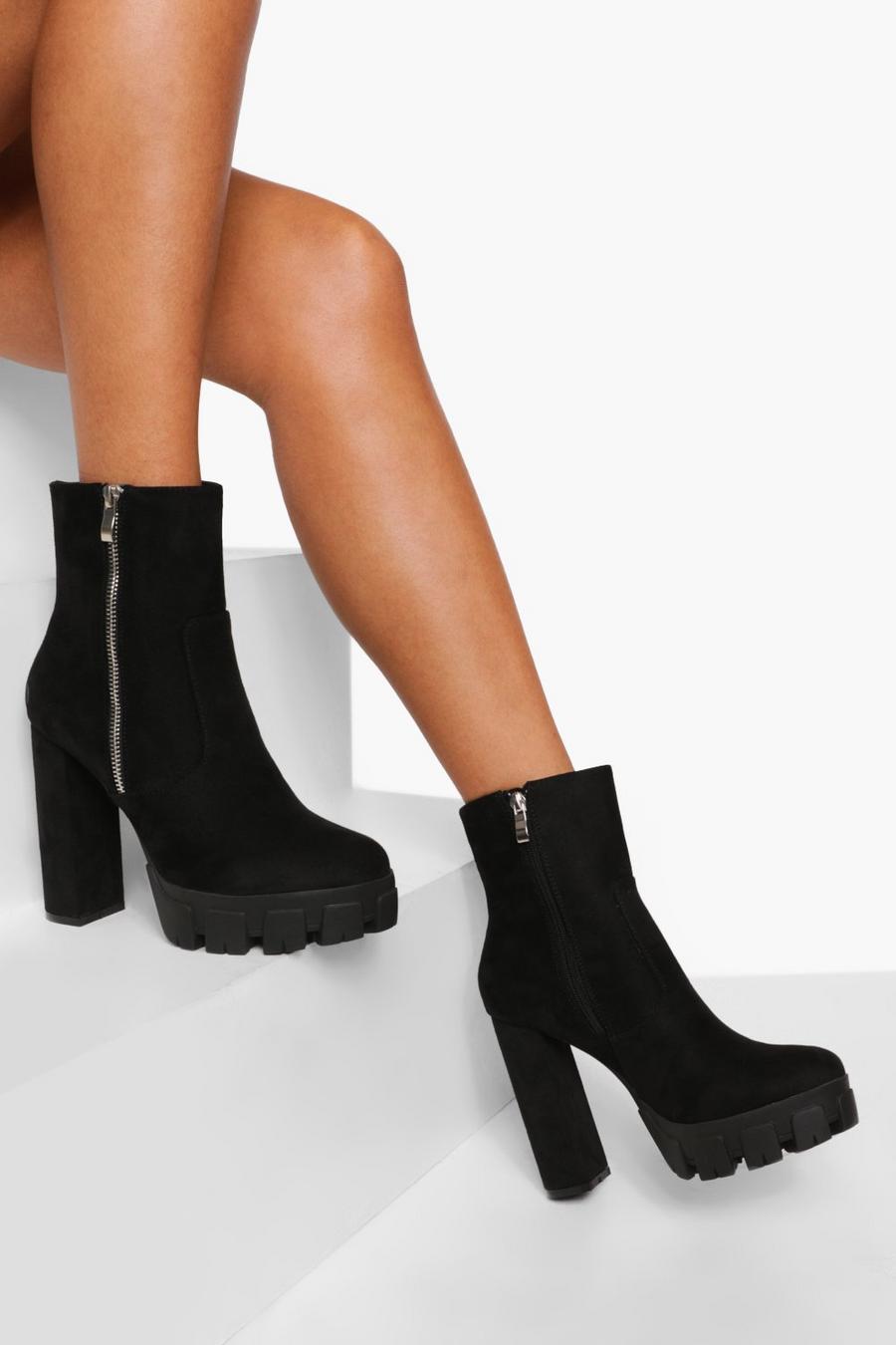 Black svart Zip Detail Platform Heeled Chelsea Boots image number 1