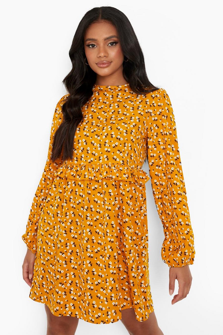 Florales Smok-Kleid mit langen Ärmeln, Mustard image number 1