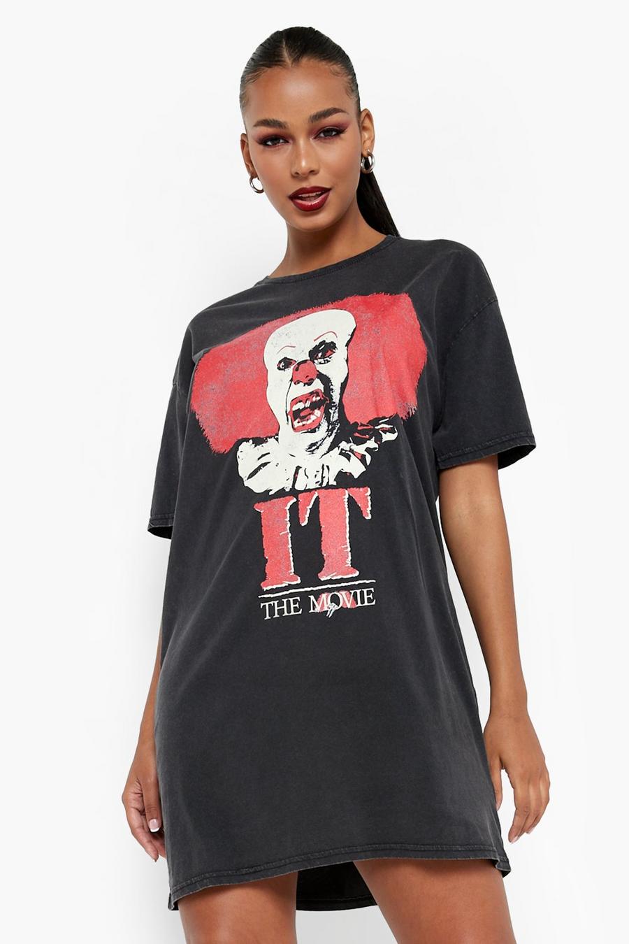 T-Shirt-Kleid mit Acid-Waschung und It Clown, Charcoal image number 1