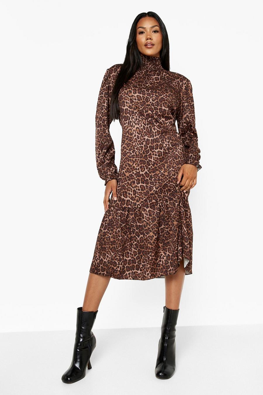 Brown Leopard Print High Neck Drop Hem Midi Dress