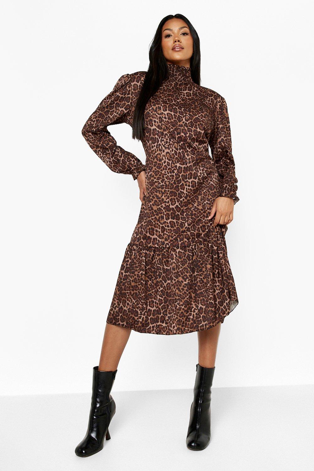 Women s Leopard Print High Neck Drop Hem Midi Dress Boohoo UK