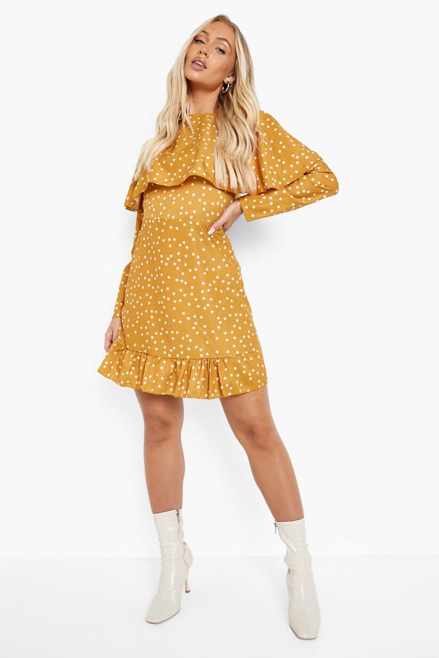 Mustard Polka Dot Flared Sleeve Skater Dress image number 1