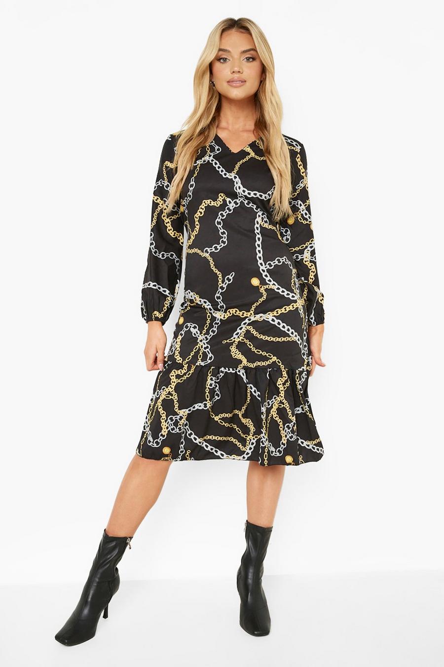 Black Chain Print Frill Sleeve Midi Dress