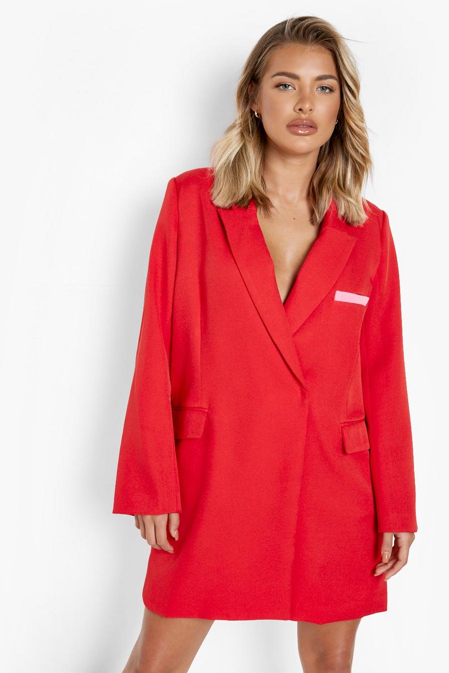 Red Contrast Pocket Blazer Dress