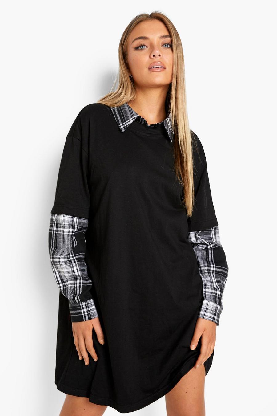 Black 2 In 1 Check Sleeve T Shirt Dress image number 1