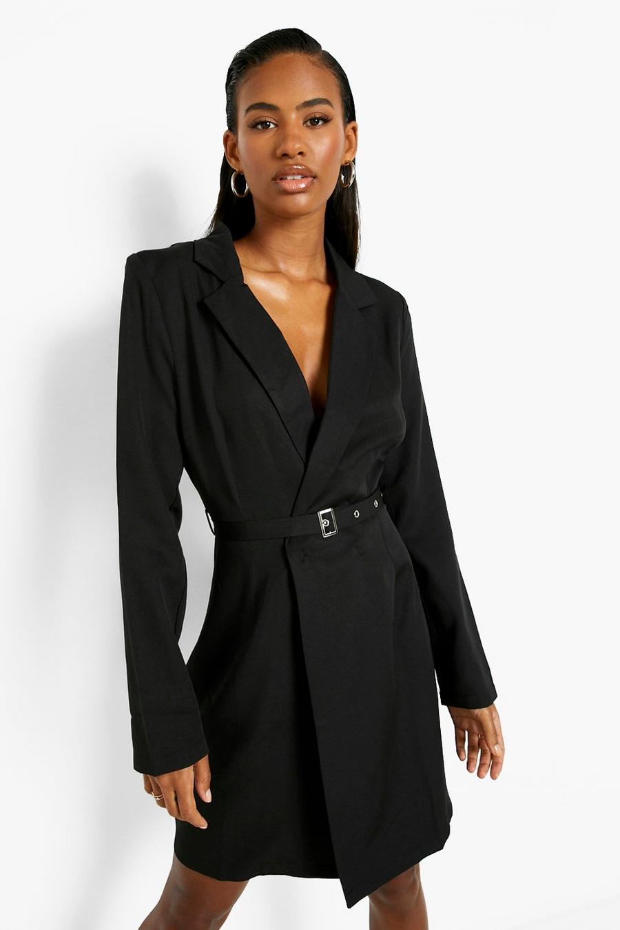 Black svart Long Sleeve Belted Wrap Blazer Dress image number 1