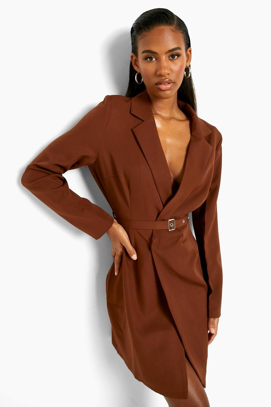Chocolate Long Sleeve Belted Wrap Blazer Dress image number 1