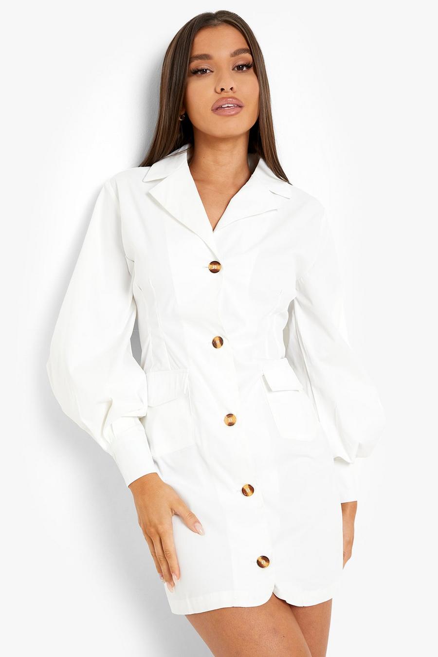 White Ruched Blouson Sleeve Blazer Dress image number 1