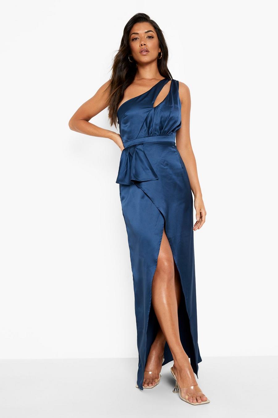 Navy Satin Thigh Split Cut Out Maxi Dress image number 1