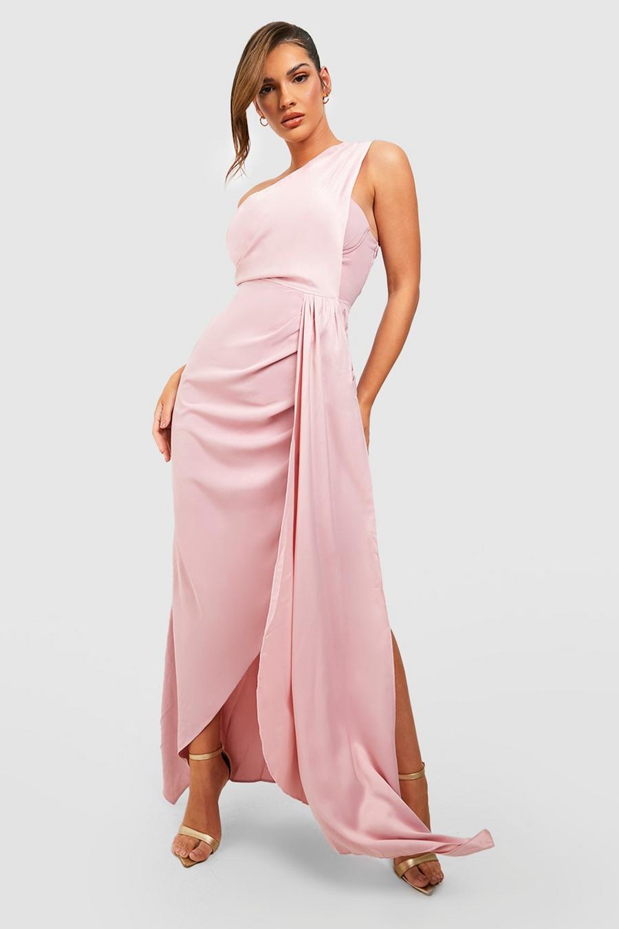 Blush rosa Satin Drape One Shoulder Maxi Dress