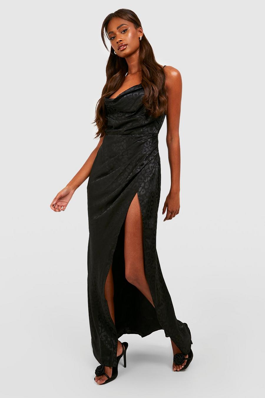 Black Satin Cowl Neck Ruched Maxi Dress image number 1