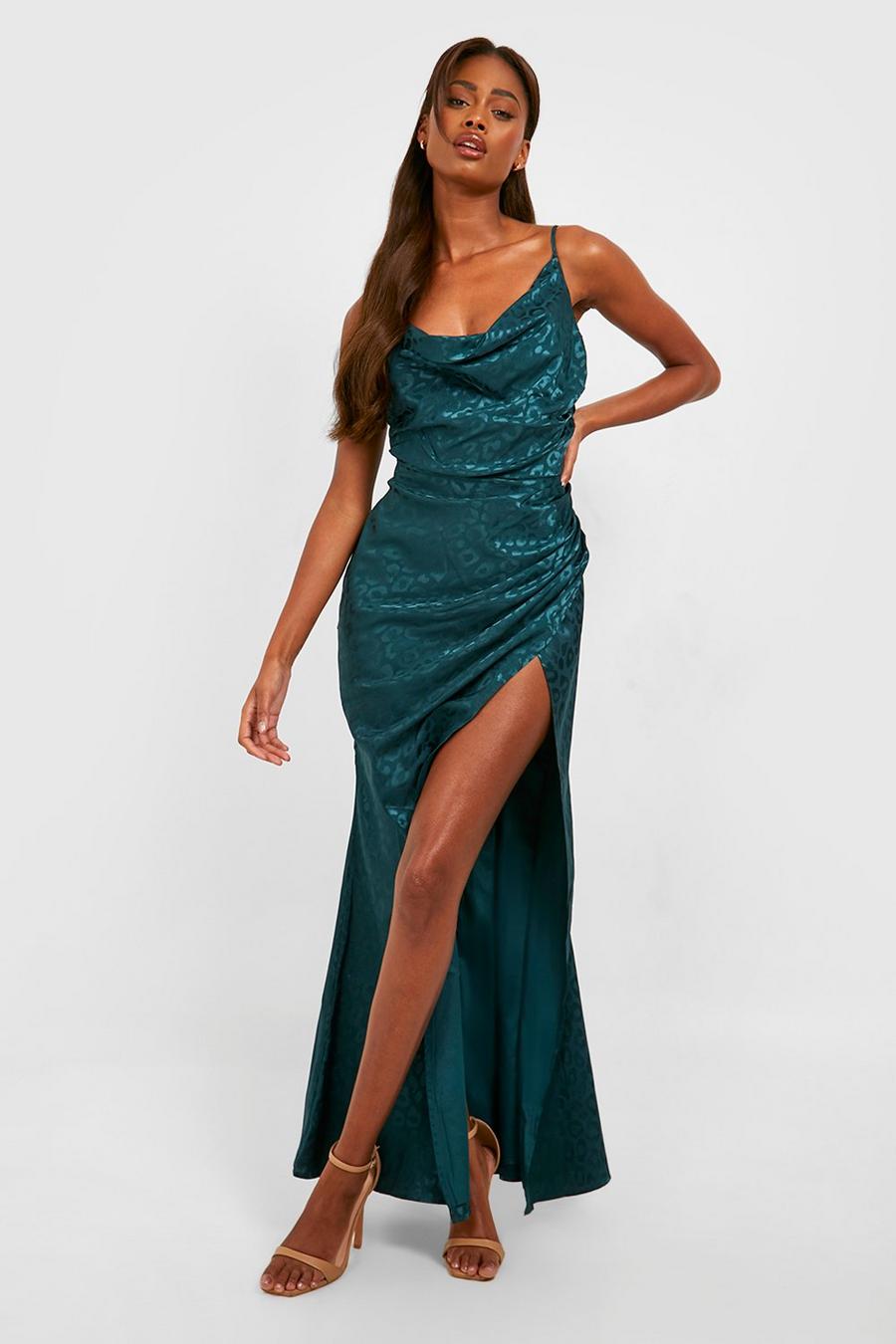 Emerald Satin Cowl Neck Ruched Maxi Dress image number 1