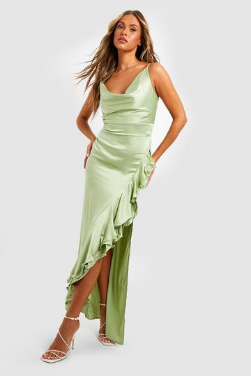 Sage Green Satin Cowl Neck Ruffle Maxi Dress