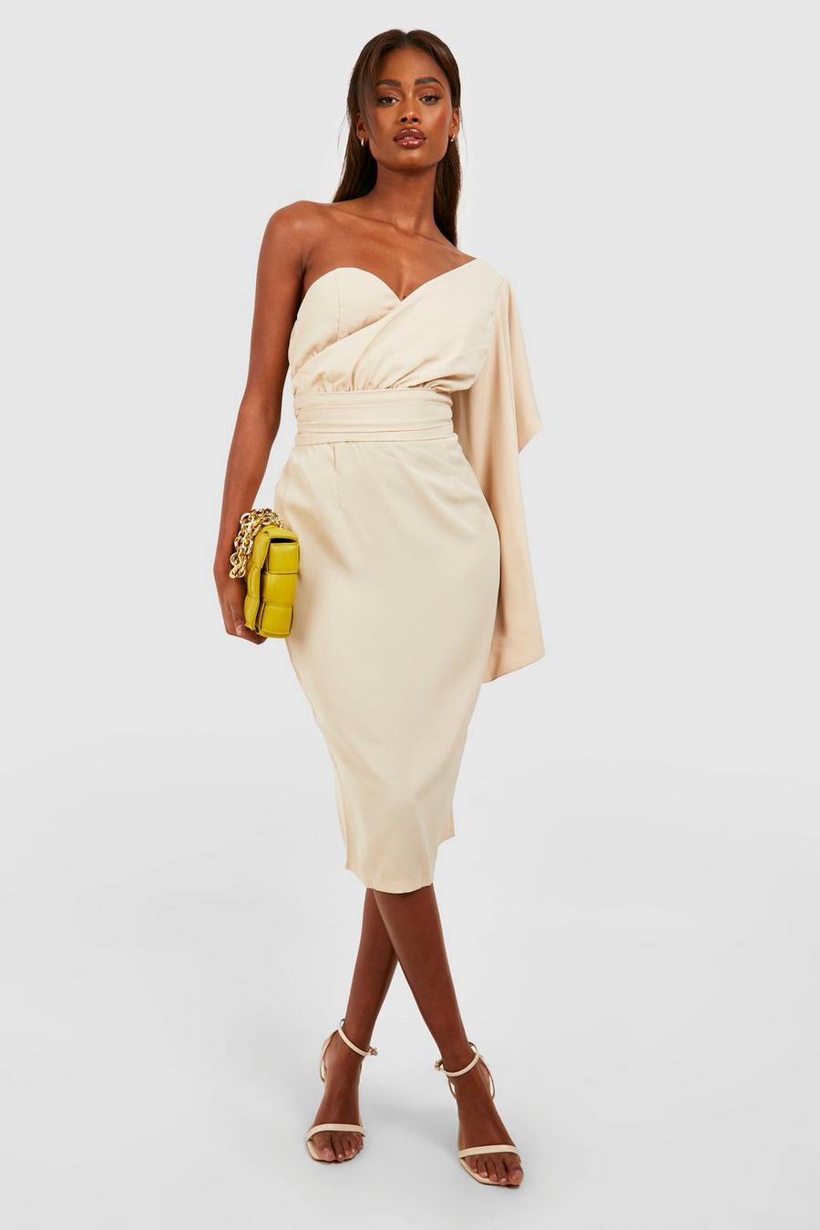 Champagne beige Satin Ruffle Sleeve Midi Dress image number 1