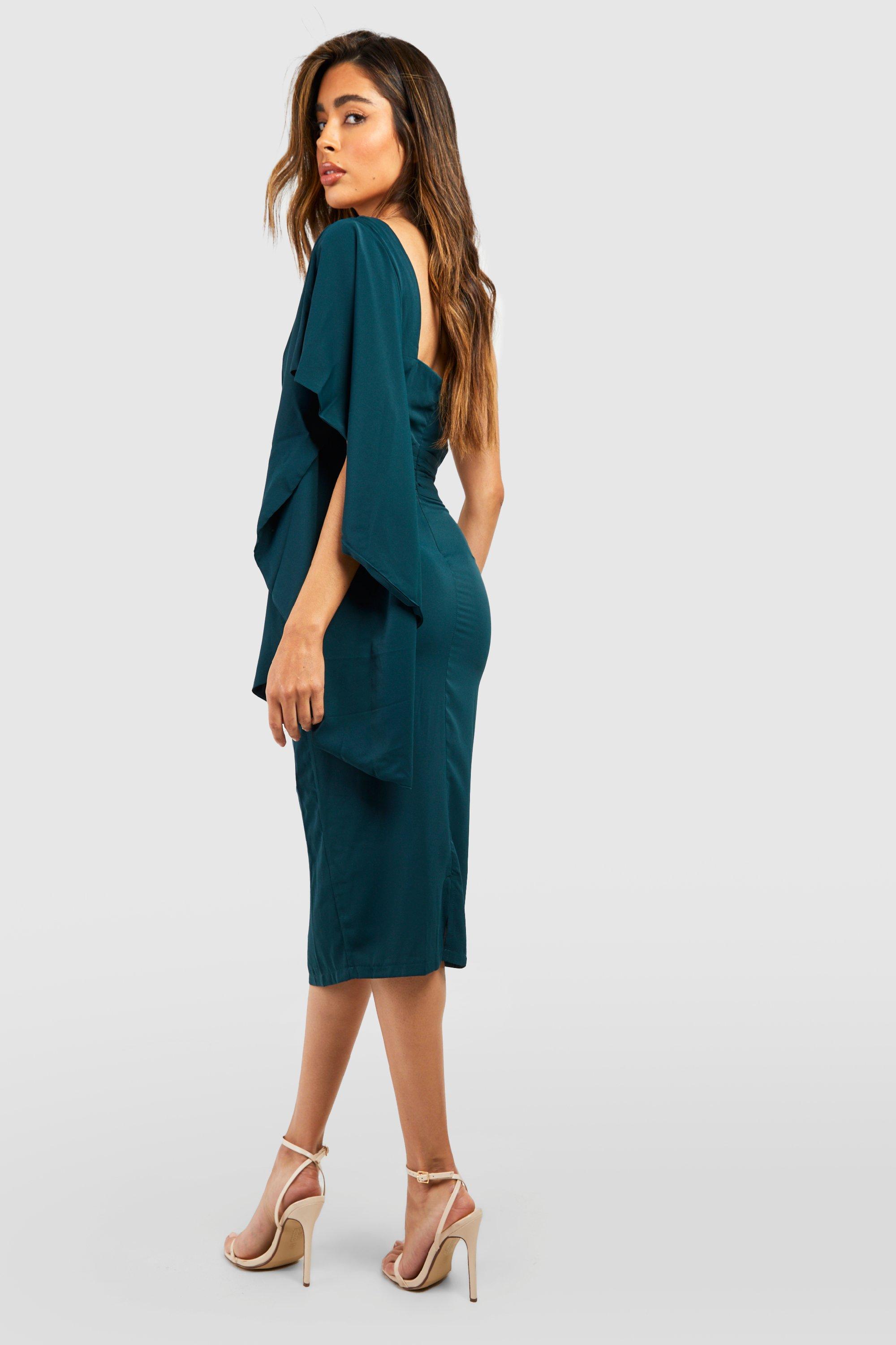 Vestido midi de raso con volantes en las mangas boohoo