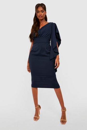 Satin Ruffle Sleeve Midi Dress navy