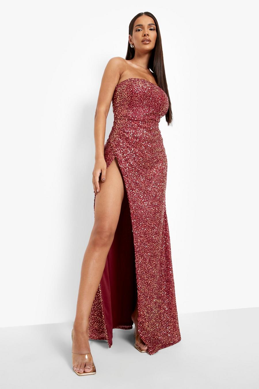 Berry red Sequin Bandeau Side Split Maxi Party Dress image number 1