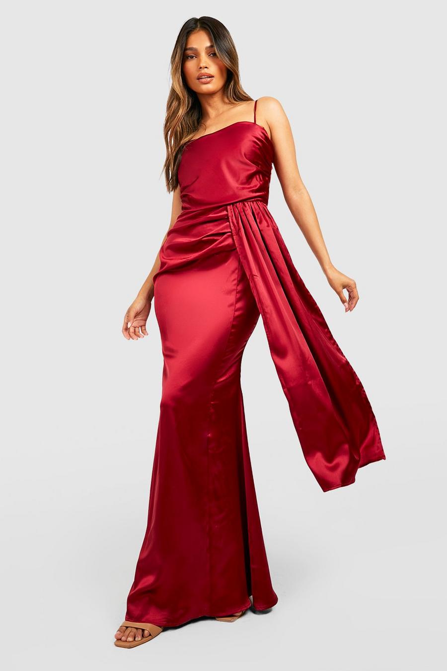 Vestido maxi de raso drapeado con detalle plisado, Berry rosso