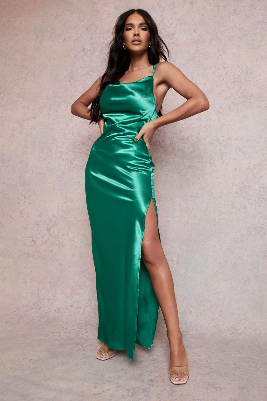 Green Satin Strappy Back Cowl Neck Maxi Dress image number 1
