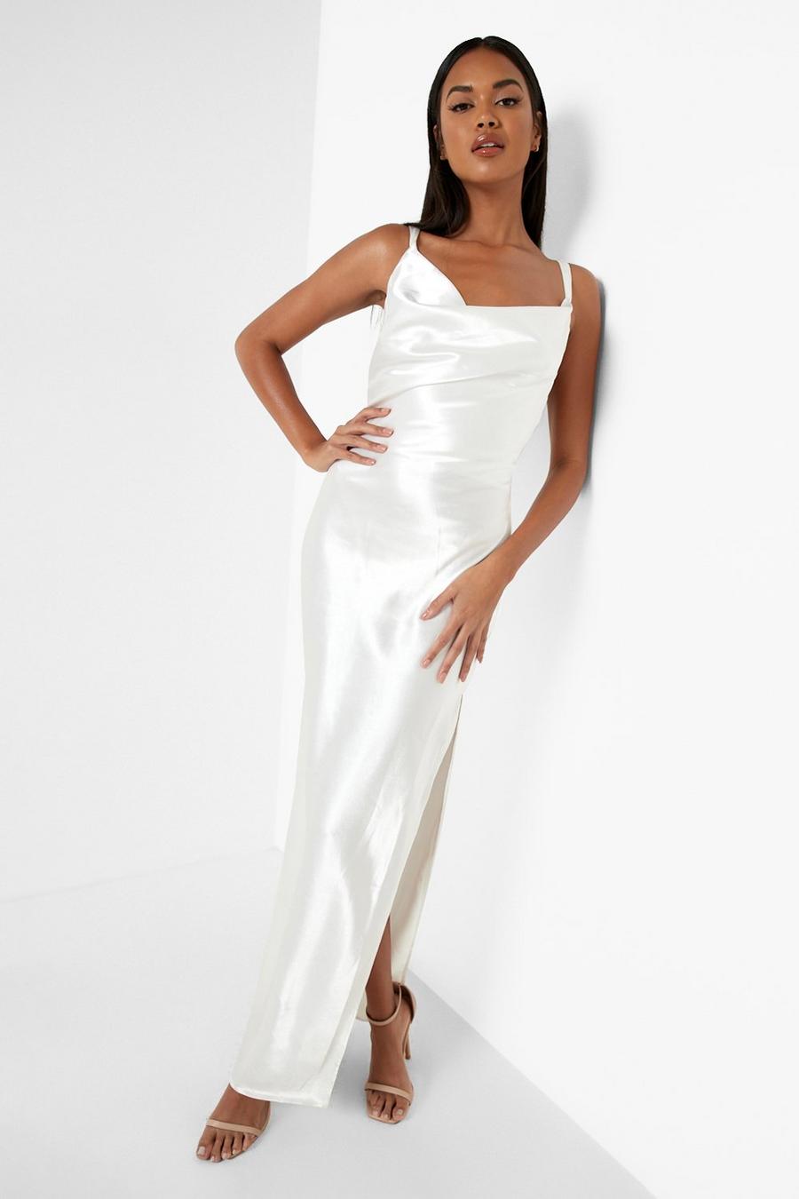 White Satin Strappy Back Cowl Neck Maxi Dress image number 1